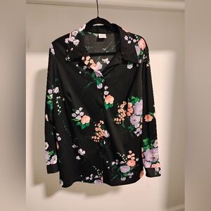 Vintage Sears Black Floral Button Up Collar Long Sleeve Shirt